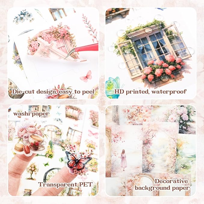 RISYPISY 54 Sheets Scrapbooks Supplies Kit, Precut PET/Washi Stickers, Flower Junk Journal Sticker for Adult Planner DIY Crafts Ephemera Floral Decorative Paper for Scrapbooking