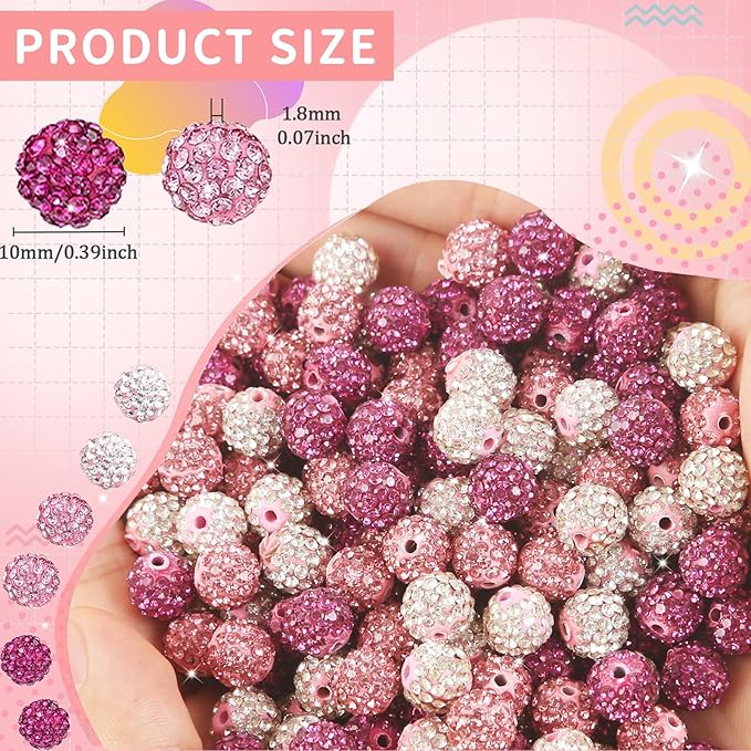 200Pcs Rhinestone Beads 10mm Pink Sparkle Round Shamballa Disco Ball Beads, Shiny Crystal Clay Pave Diamond Rhinestones Bead for Baseball Necklace Bracelet Earring Jewelry Making Party Decoration