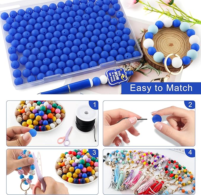 160Pcs 12mm Silicone Beads for Keychain Making Bracelet Necklace, Bulk Round Silicone Beads for Pens（Royal Blue）