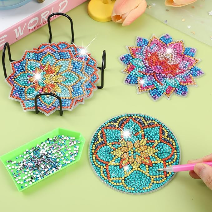 UPINS 8Pcs Lotus Diamond Art Painting Coasters Kits with Holder, Diamond Art Non Slip Coaster Kits DIY with Holder Crafts for Adults Diamond Art Painting Kits Supplies for Holiday Gift