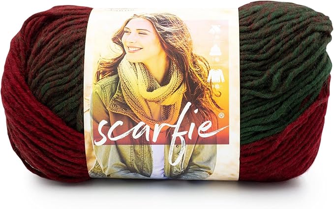 Lion Brand Yarn Scarfie Yarn for Knitting and Crocheting, Deep Red/Dark Green, 1 Pack