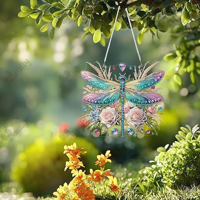 Yunzlly DIY Hanging Diamond Art Pendant Kit, Special Crystal Double Sided Diamonds Painting Ornament Kit for Adults, Acrylic Gem Painting Board for Window&Door&Wall (Dragonfly)