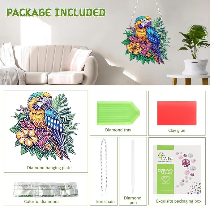 RICUVED Hanging Diamond Art Painting Kit Parrot, Special Shaped Crystal Gem Craft Bird Diamond Painting Pendant Kit for Adults Beginners, DIY Hanging Acrylic Diamond Art Ornament Kit for Home Garden