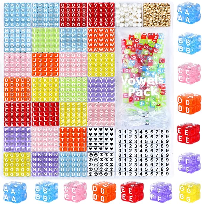 Alphabet Beads - 1270 Pcs Square Acrylic Letter Beads A-Z with Extra Vowels, Numbers & Spacers - Ideal for Bracelets & Necklaces
