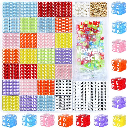 Alphabet Beads - 1270 Pcs Square Acrylic Letter Beads A-Z with Extra Vowels, Numbers & Spacers - Ideal for Bracelets & Necklaces