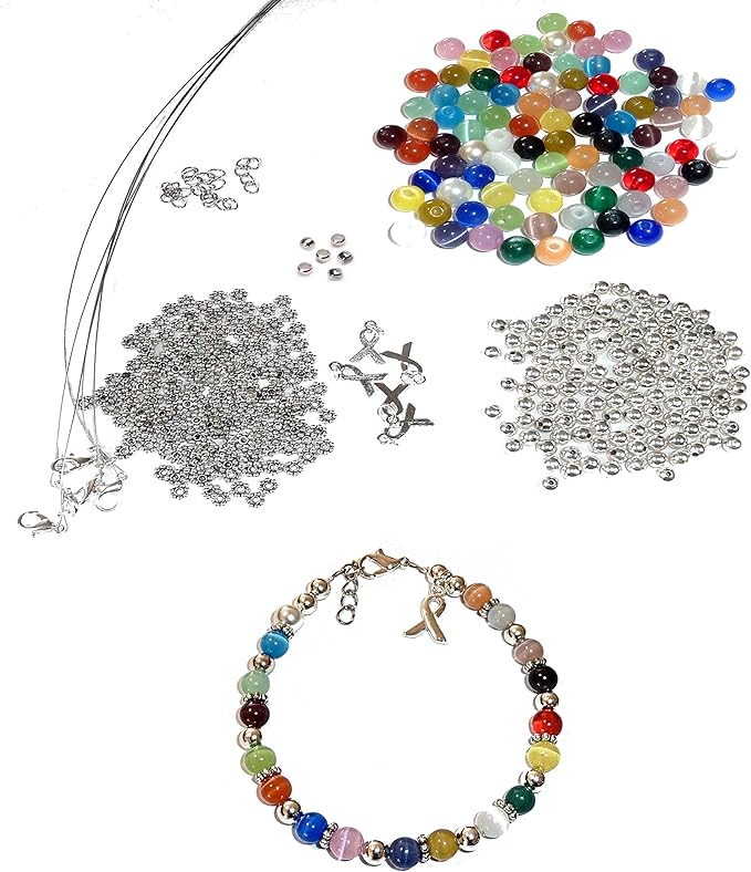 DIY Craft Beading Kit, Everything to Make Cancer Awareness Bracelets, Uses Wire, Crimps and Clasps, Fundraising and Gifts (Multi Colored All Cancers 6mm Beads - Makes 5)