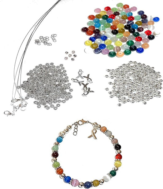 DIY Craft Beading Kit, Everything to Make Cancer Awareness Bracelets, Uses Wire, Crimps and Clasps, Fundraising and Gifts (Multi Colored All Cancers 6mm Beads - Makes 5)
