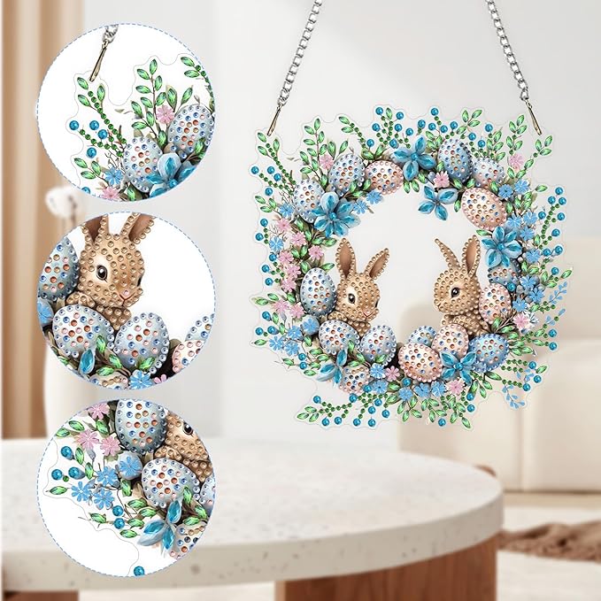 QENSPE Diamond Painting Art Hanging Kits for Adults, 5D Easter Special Shape Diamond Paingting Ornaments with Chain, DIY Rabbits Crystal Window Pendants for Home Wall Decor Double Sided 8X8 inch