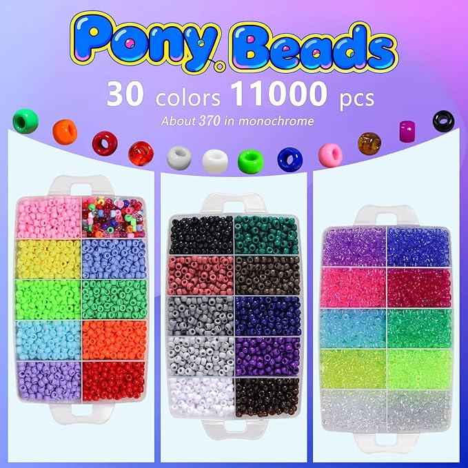 JULIMAIDONG 11000Pcs Pony Beads, Beads for Bracelets Making, Multi-Colored Hair Bead for Hair Braids, 30 Colors Kandi Friendship Bracelet Bead Jewelry Making Kits for Craft (30Color(11000PCS))