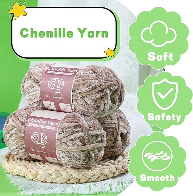 LUNARM Chenille Yarn for Crocheting Knitting, 3 Skein 10.58 oz / 263 Yard Thick Soft Chunky Fluffy Weaving Plush Yarn for Blankets Clothes Pattern with Big Eye Needles(Light Khaki Gradient)