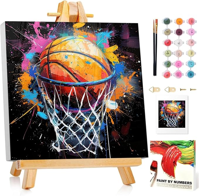 Paint by Numbers Kit for Kids with Frame, Basketball Paint by Numbers for Kids Ages 4-8-12, DIY Basketball Acrylic Oil Painting for Home Wall Art Decor Gift 7.8x7.8 inch (with Frame Easel)