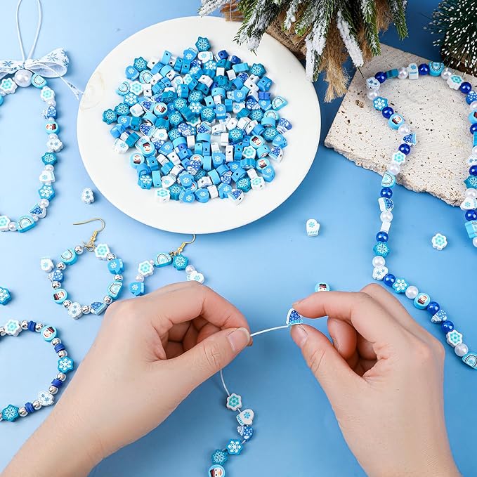 Augshy 300Pcs Winter Beads for Jewelry Making, Winter Blue Polymer Clay Beads Holiday Snowflake Snowman Craft Bead for Bracelets Necklaces Earrings Making Supplies