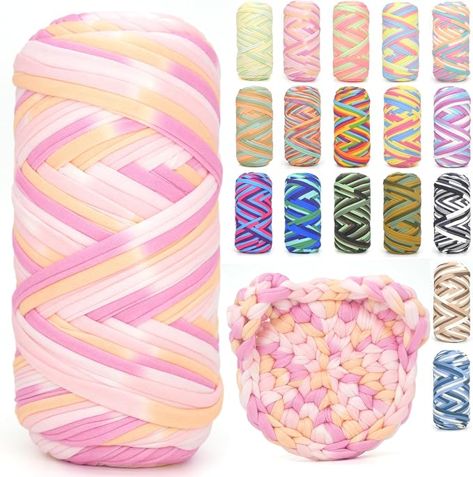 Tshirt Yarn for Crocheting,Rainbow T Shirt Chunky Elastic Fabric Thick T-Shirt Crochet Yarn for Beginners Crocheting Hand Knitting Bag/Basket/Coasters/DIY Crafts/Home Decor 200G-Pink Tone
