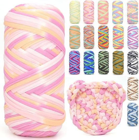 Tshirt Yarn for Crocheting,Rainbow T Shirt Chunky Elastic Fabric Thick T-Shirt Crochet Yarn for Beginners Crocheting Hand Knitting Bag/Basket/Coasters/DIY Crafts/Home Decor 200G-Pink Tone