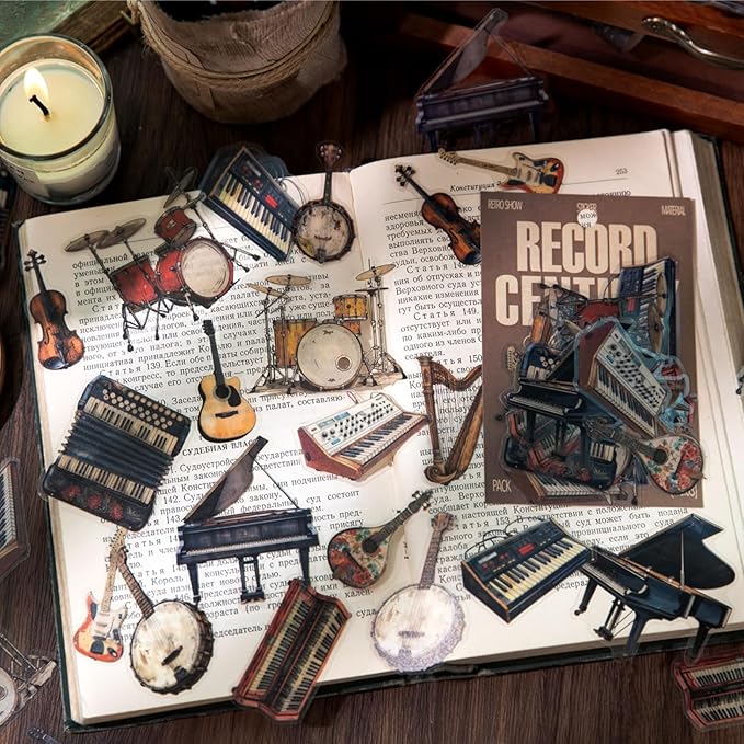 Doukado 120 Pieces Vintage Decorative Journaling PET Stickers, Phonograph Car Musical Instruments Furniture Scrapbook Sticker for DIY Crafts, Junk Journal, Crafting, Art Projects and Decoration