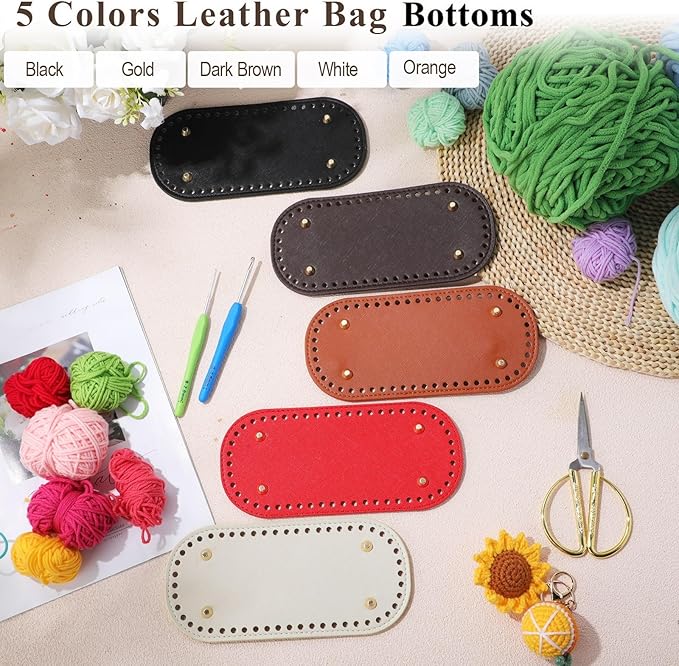 SilTriangle 5 Pcs Purse Bottoms for Crochet Bags with 2 Pcs Hook, Crochet Purse Kit Basket Base Leather Bag Bottoms for DIY Bags Making Supplies Kit Knitting (Fresh Color)