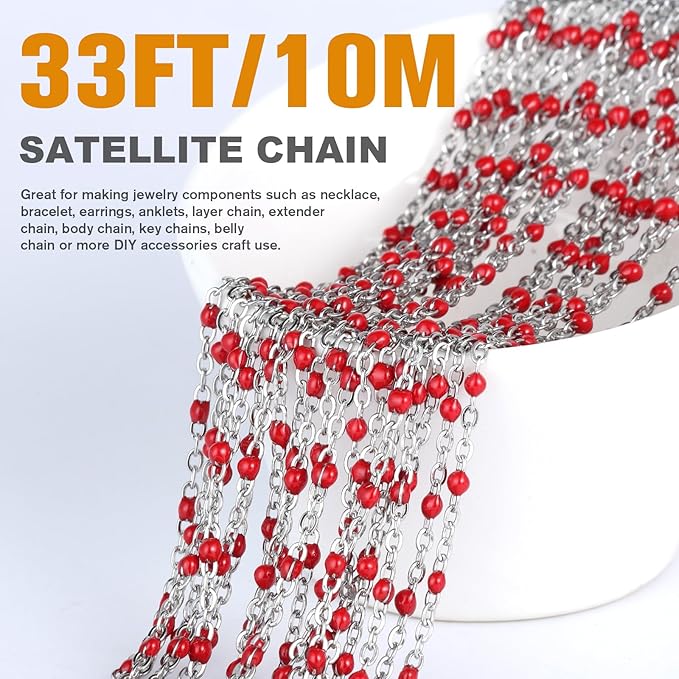 33 Feet Stainless Steel Enamel Chains Bulk, 2mm 304 Stainless Steel Red Enamel Beaded Cable Link Chain Roll Spool for Jewelry Making