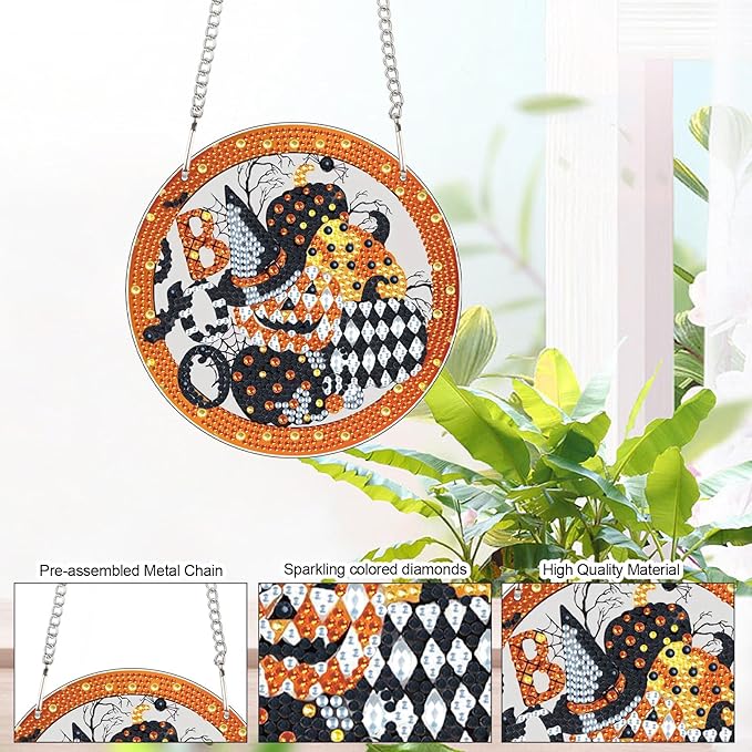 5D DIY Halloween Diamond Painting Hanging Ornament, Acrylic Rhinestone Pendant Craft with Ghost, Pumpkin, Bat & Witch Hat, Diamond Art Window Suncatchers for Home Wall & Door Holiday Decoration