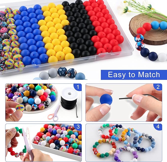 150Pcs Mixed Color 15mm Silicone Beads for Keychain Making, Red Black Medical Print Silicone Beads for Pens and Bracelet Making