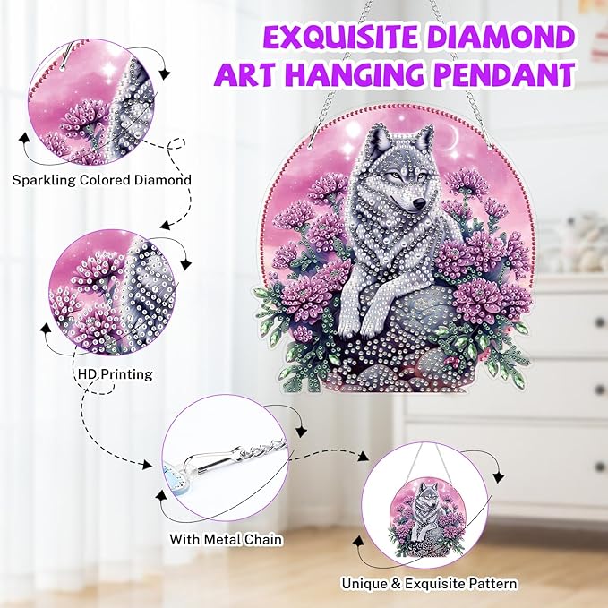 Bowetile Wolf Diamond Art Hanging Kits for Adults, 5D Special Shape Diamond Painting Flowers Pendant Kits, Gem Art Suncatchers Painting Window Ornament for Home Garden Wall Decor