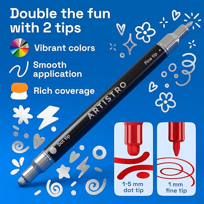 ARTISTRO 36 Metallic Acrylic Paint Markers for Rock, Fabric, Wood, Glass, Eggs - Dual-Tip Paint Pens for Coloring Books for Adults, Teens - Art & Craft Supplies - Gift Idea - Easter Basket Stuffers