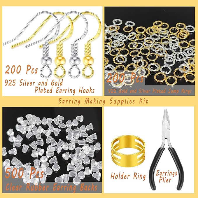 MAIBAOTA Earring Hooks for Jewelry Making, 602 Pcs Earring Making Supplies, 925 Silver and Gold Plated Earring Making Kit, Earring Findings, Jump Ring, Earring Back, DIY Jewelry Making