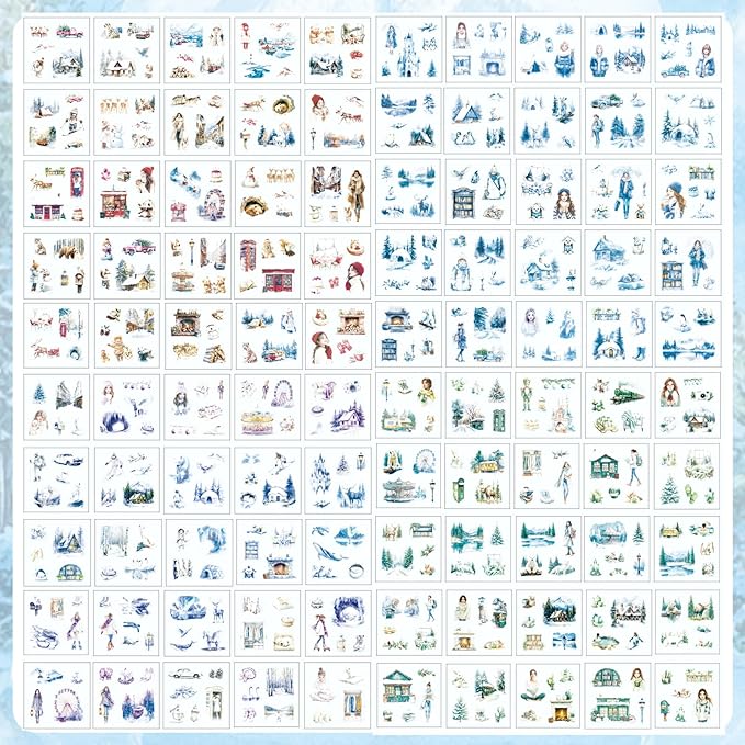 500PCS Scrapbook Supplies Stickers Kit, Snow House Landscape People Transparent Waterproof Stickers for Junk Journals, Aesthetic Scrapbooking Supplies for Decoration Art Crafts, Planners, Laptop