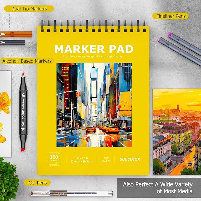 soucolor 100 sheets marker paper pad, 9"x12" bleedproof art sketch pad, 73lb/120gsm drawing paper spiral sketch book, alcohol marker paper painting coloring paper for adult, artists