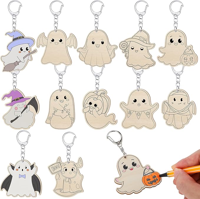 Trnayi 36 Pcs Halloween Ghost Unfinished Wooden Craft Keychains Color Your Own Ghost Keychains DIY Blank Wood Painting DIY Crafts for Halloween Gifts Home Decor