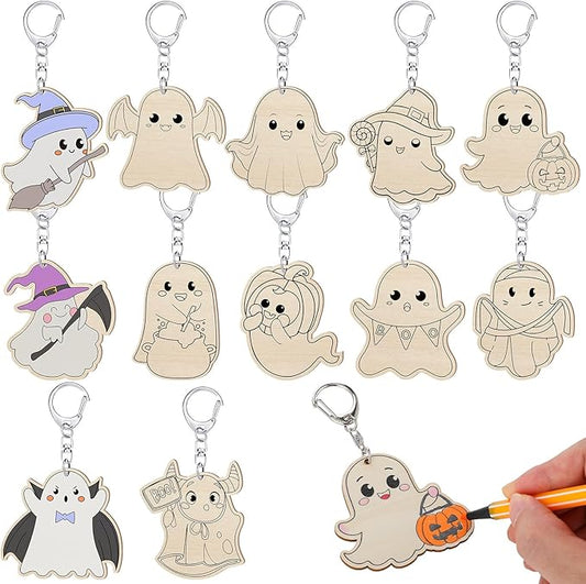 Trnayi 36 Pcs Halloween Ghost Unfinished Wooden Craft Keychains Color Your Own Ghost Keychains DIY Blank Wood Painting DIY Crafts for Halloween Gifts Home Decor