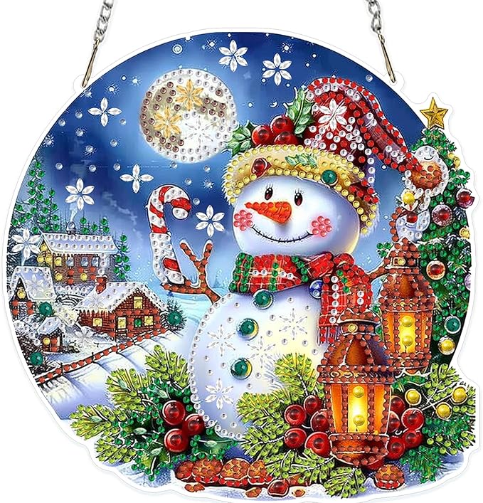 MOGTAA Christmas Diamond Art Hanging Kits for Adults Kids, Christmas Snowman Diamond Art Suncatchers, 5D Special Shape Landscape Diamond Painting Window Pendant Kit for Home Garden Wall Decor