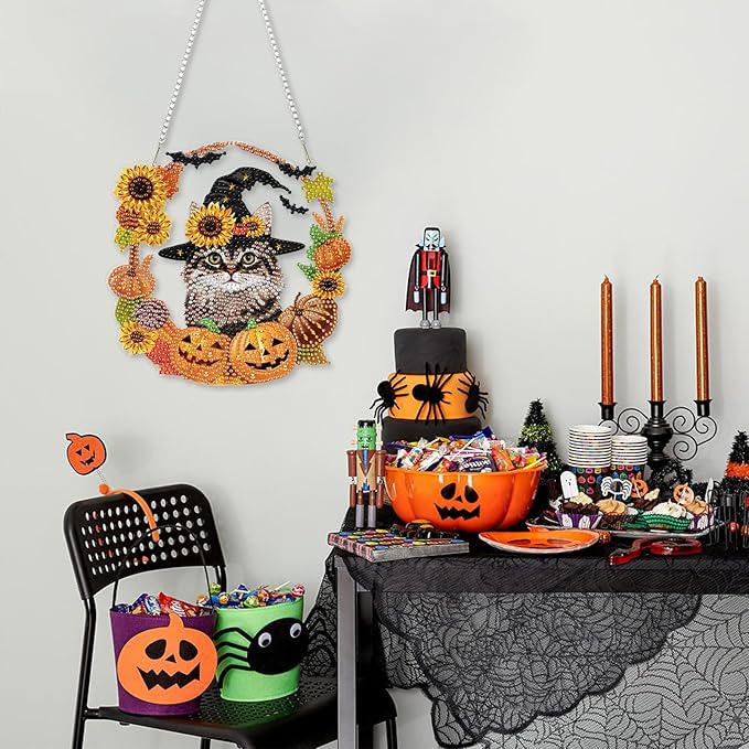 CEOVR Halloween Diamond Painting Hanging Ornament, Cat Pumpkin 5D Special Shape Diamond Art, Crafts for Adults DIY Fall Gem Art, Acrylic Home Garden Window Wall Decor with Chain, Box Kit, 7.57×7.61in