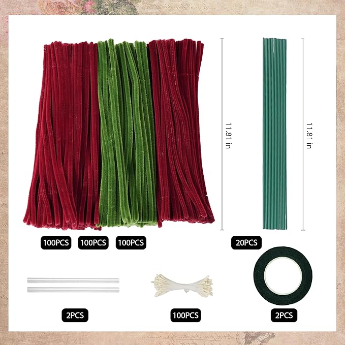 300 Pcs Thick Pipe Cleaners,Craft Supplies Floral Bonquet,DIY Flower Making Kit for Starter with Floral Wires, Gardening Tape,Stamen (RED+Green)