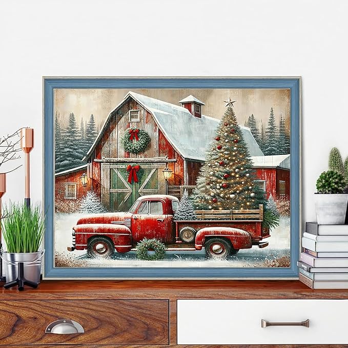 igoodom Diamond Art Kits for Adults, Christmas Diamond Painting Kit, Full Drill Round Christmas Red Truck Diamond Art Kits, DIY Gem Art and Crafts for Home Wall Decor Gift 16x12inch