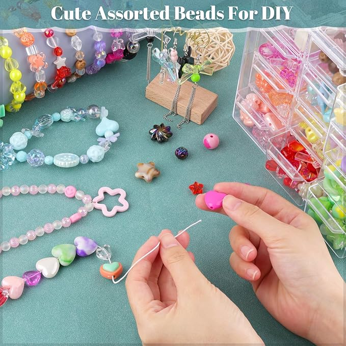 210-270pcs tinkrstuff assorted acrylic beads for bracelet making, cute beads for jewelry making flower bow butterfly candy gummy bear kawaii aesthetic bracelet charms,diy necklace keychain phone charm