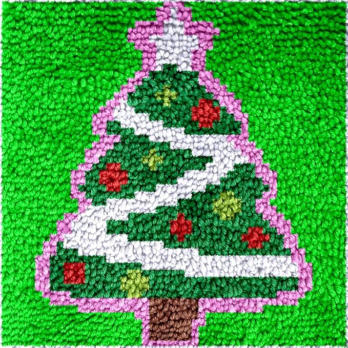 DL-YTG Latch Hook Kits Rug Christmas Tree Crochet Yarn Cushion Colour Pre-Printed Canvas Cover Rug Needlework DIY Hook and Latch Kit Christmas Home Decoration 30x30cm/12 X12in