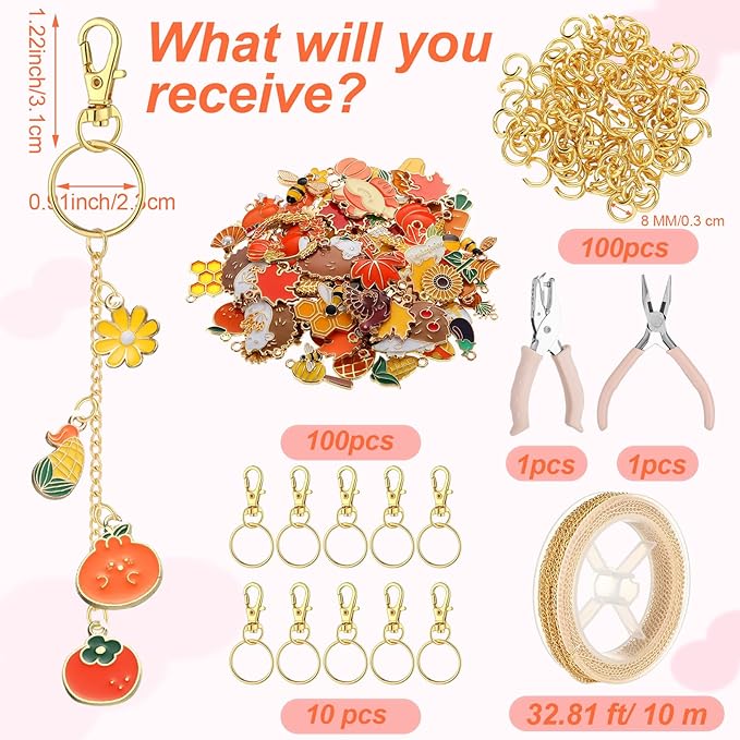 VioraWhite 213 Pcs Fall Theme Lip Gloss Keychain Making Kit 100 Pink Enamel Charms 32.81 ft Gold Chains for DIY Crafts Women