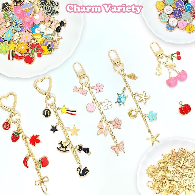 328Pcs Charms Lip Gloss Keychain Making Kit, DIY Keychain Supplies with 128 Charms, 20 Clasps, Jump Rings, Chain, Jewelry Plier, Hole Punch, Bag Charm Kit, Jewelry Making Kit for Crafting Keychains