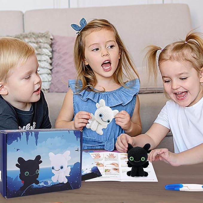 Dragon Crochet Kit for Beginners, 2PCS Black and White Dragon Crochet Animal Kit with Step-by-Step Video Tutorials, Stuffed Animal Crocheting Kits, Birthday Crochet Starter Kit for Adults