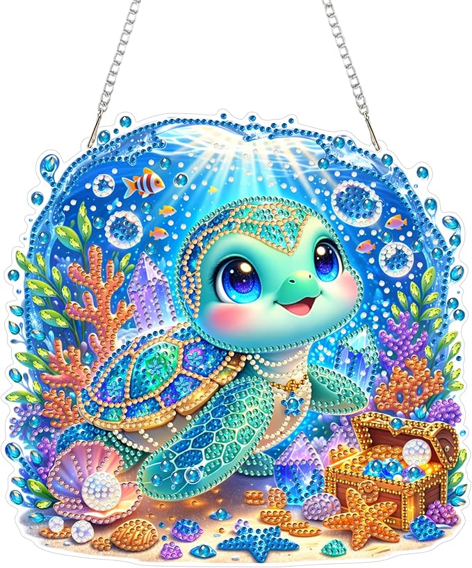 Eiflow Acrylic Diamond Art Hanging Kit for Adults, DIY Diamonds Painting Door Hanger Board Kit, Special Crystal Diamond Art Painting Pendant Ornament (Beach Turtle)