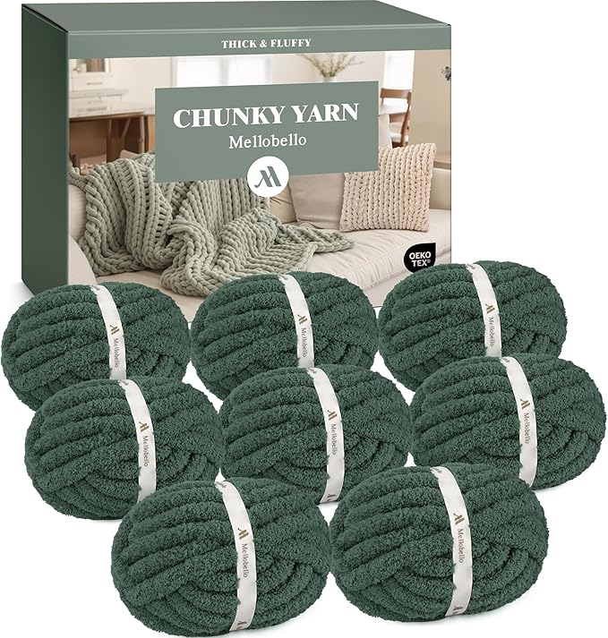 Jumbo Chunky Yarn for Hand Knitting - Super Thick Chenille Chunky Yarn for Crocheting - Extra Soft Bulky Fluffy Blanket Big Yarns 8 Jumbo Pack (27yds,8 oz Each Skein) Dark Green