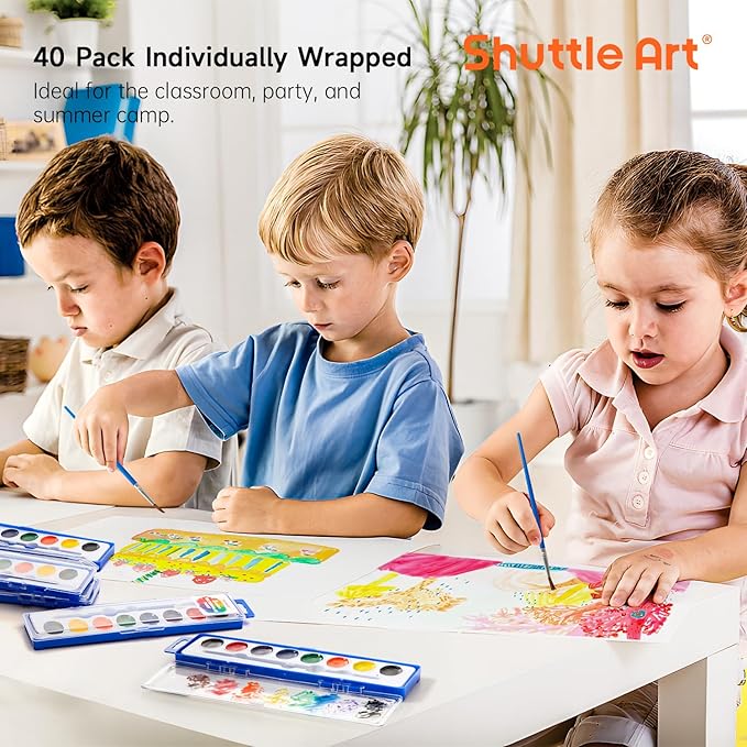 Shuttle Art 40 Pack Watercolor Paint Set, 8 Colors Watercolor Paint with Paint Brushes for Kids and Adults, Washable Paint for Classroom, Parties, Kindergarten and Art Activities