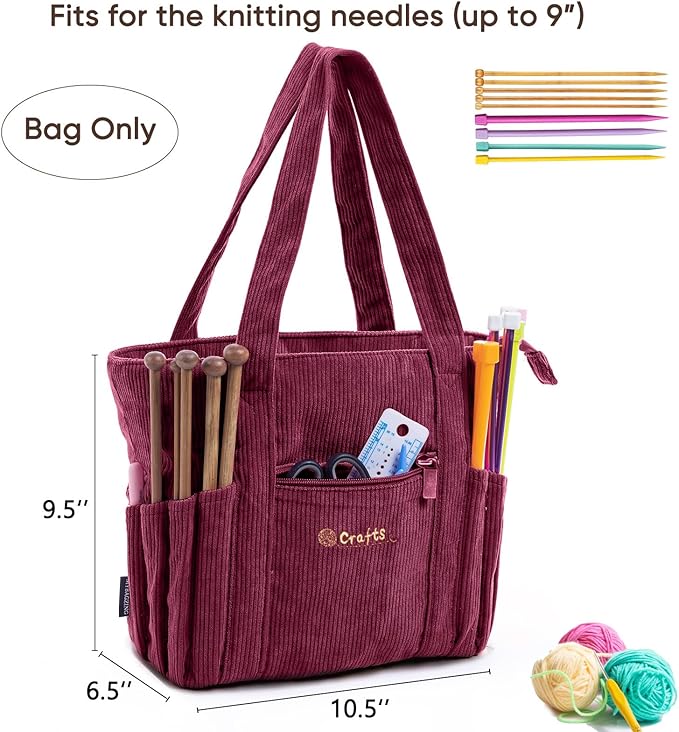 Crochet Bag and Tote - Corduroy Yarn Bag - Yarn Holder for Crocheting - Crochet Storage Bag for Crochet Hooks, Crochet Accessories, Knitting Bag for Crochet Lovers, Mother's Day Gift