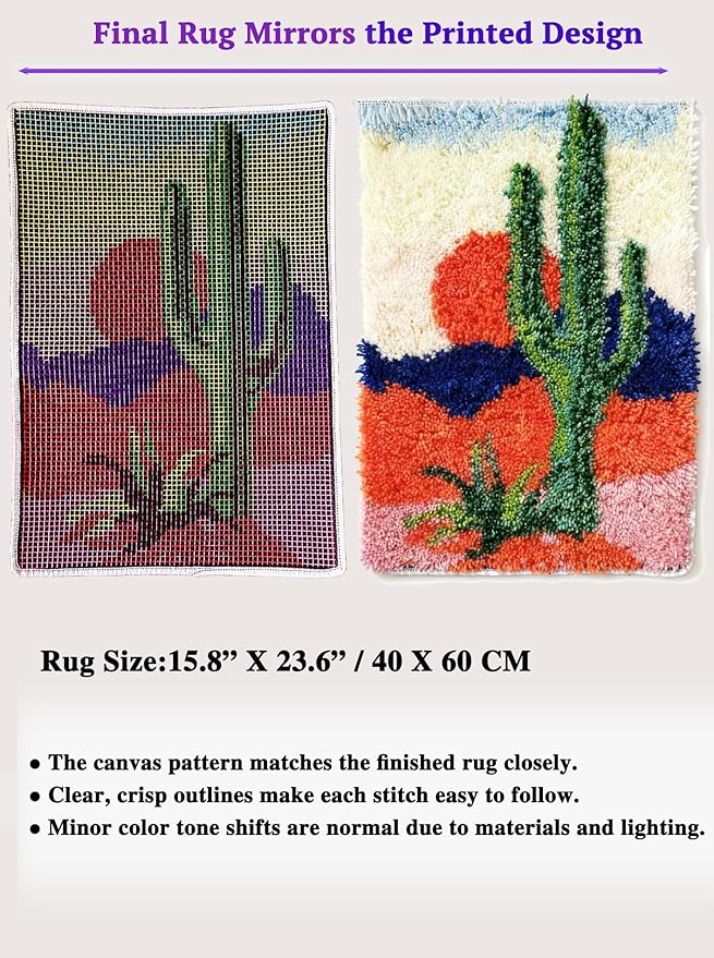 KitsMaster Desert Sunset Latch Hook Rug Kit for Adults –Southwest-Inspired Cactus Design, Pre-Printed Canvas & Pre-Cut Yarn, Gifts & Relaxation, 23.6''x15.8'' (Sunset Cactus)