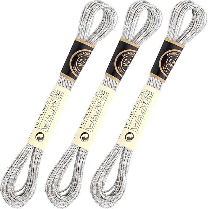 3 Skeins Metallic Embroidery Floss, Glitter Embroidery Thread String, Polyester Cross-Stitch Threads for Hand Embroidery, String Art, DIY Bracelet- Silver