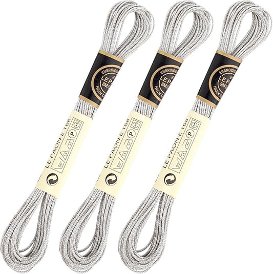 3 Skeins Metallic Embroidery Floss, Glitter Embroidery Thread String, Polyester Cross-Stitch Threads for Hand Embroidery, String Art, DIY Bracelet- Silver
