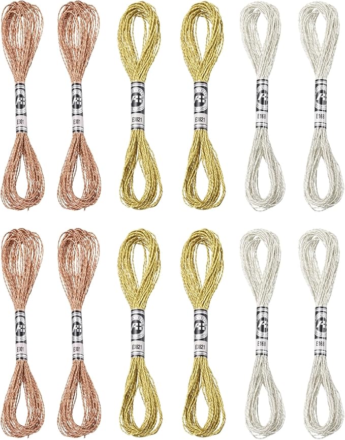 PATIKIL 12 Skeins Embroidery Floss, Metallic Embroidery Thread Nylon Threads Bracelets String for Cross-Stitch Hand Embroidery, Bronze/Silver/Light Gold