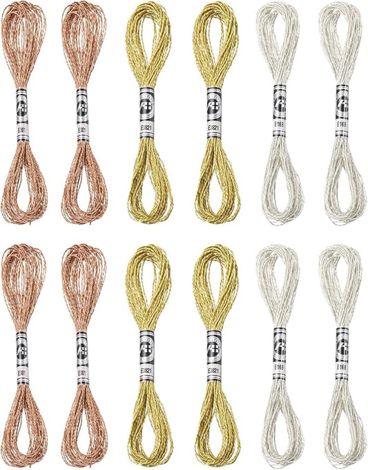 PATIKIL 12 Skeins Embroidery Floss, Metallic Embroidery Thread Nylon Threads Bracelets String for Cross-Stitch Hand Embroidery, Bronze/Silver/Light Gold