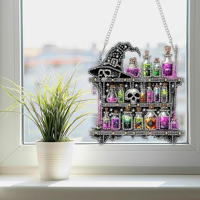 SENQAO Halloween Diamond Art Hanging Kits for Adults Beginners, DIY Acrylic 5D Special Shaped Crystal Diamond Gem Art Painting Hanging Ornament for Home Wall Decor and Gift（Magic Potion Skull）
