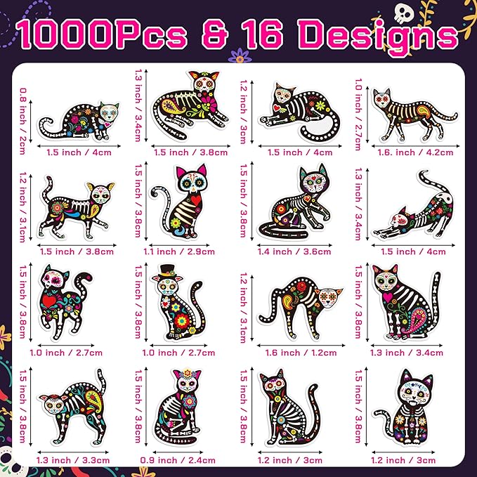 beyumi skeleton cat roll stickers - 1000pcs day of the dead skeleton cat stickers in 2 rolls dia de los muertos decals for kids halloween mexican festival party supplies bottle goodie bags box decor